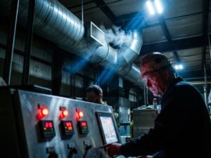 Besorgter Anlagenleiter prüft Industrielüftung mit roten Warnleuchten und sichtbaren Luftpartikeln