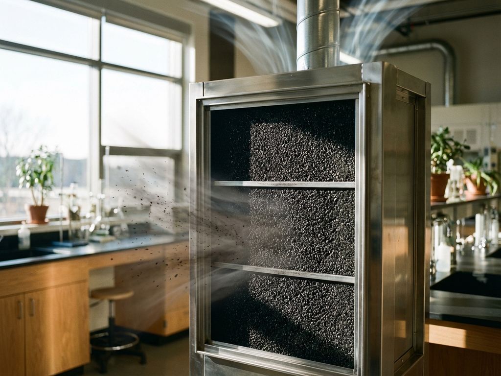 Industrielle Luftfilteranlage mit schwarzen Aktivkohlefiltern in modernem Labor, sichtbare Partikelfilterung