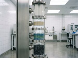 Industrielle Luftfilteranlage mit gestapelten transparenten Kammern und verschiedenfarbigen Filtermedien im Labor