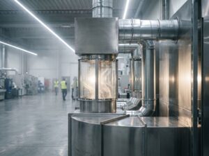 Moderne industrielle Luftfilteranlage mit metallischen Rohrleitungen und zylindrischen Filterkammern in sauberer Fabrikhalle