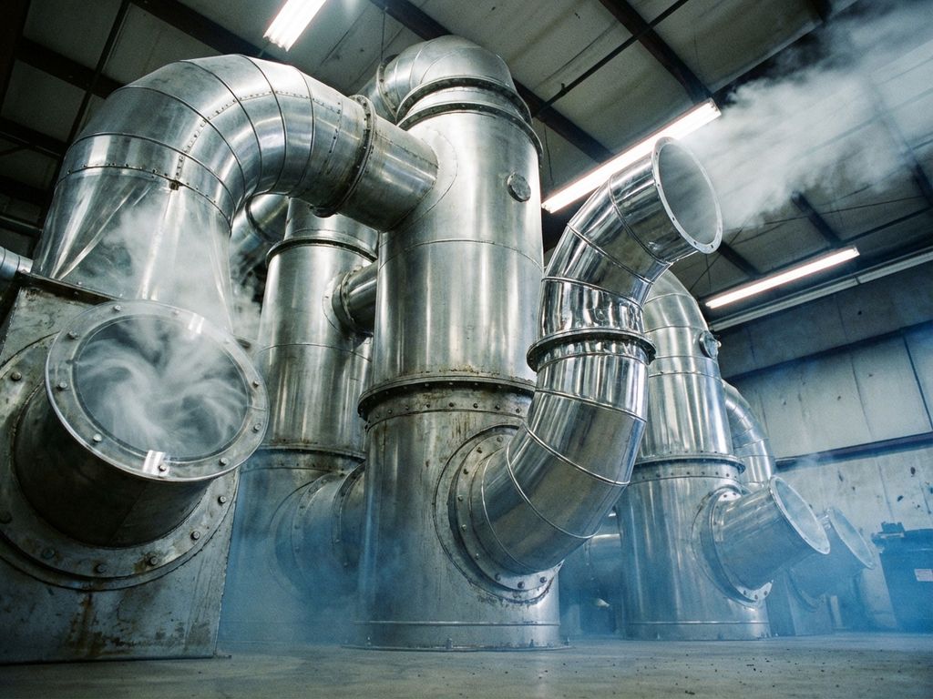 Große industrielle Luftfilteranlage mit Stahlrohren und Filterkammern in Fabrikhalle, Dampf wird durch transparente Öffnungen gesaugt