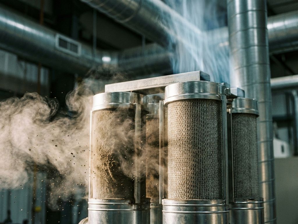 Industrielle Luftfilteranlage mit sichtbaren Staubpartikeln und metallischen Filterkammern in Fabrikumgebung
