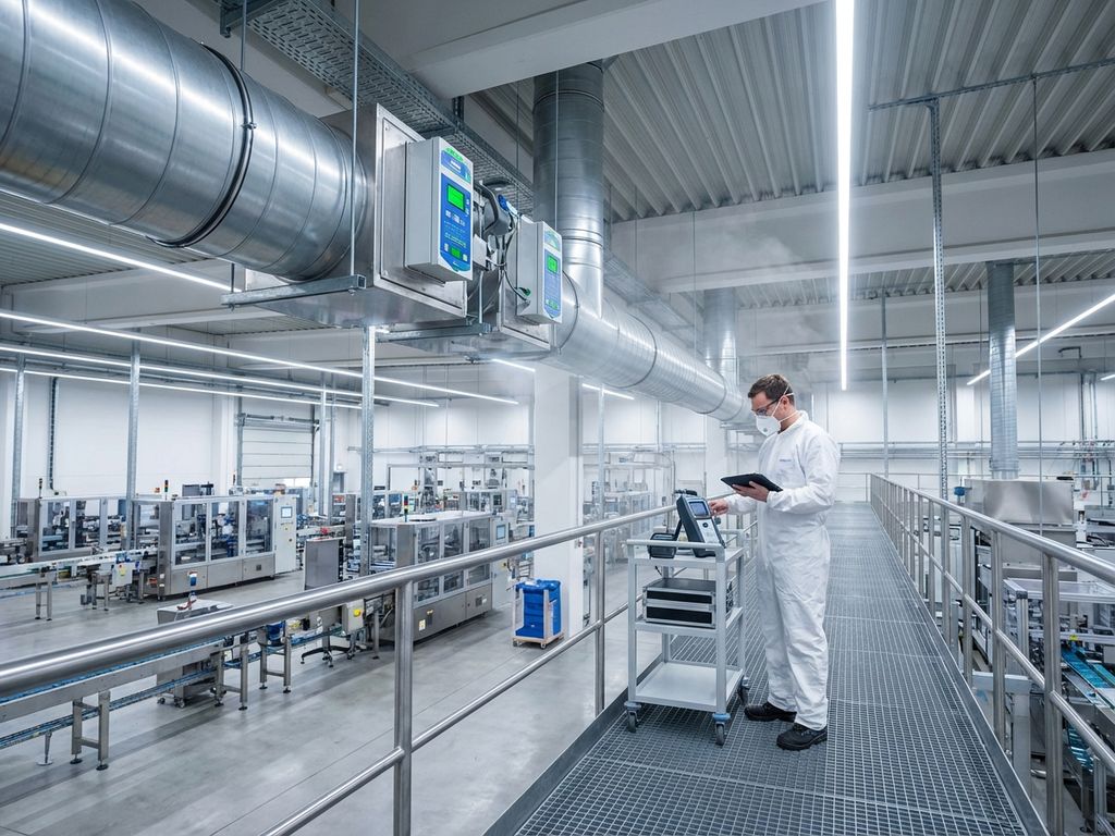 Industrielle Produktionsanlage mit Belüftungssystem und Arbeiter in Schutzkleidung bei Luftqualitätsprüfung