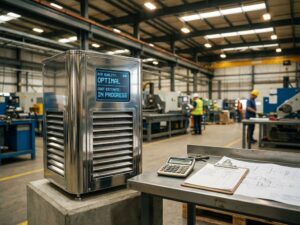 Industrielle Luftreinigungsanlage mit Metallgittern und Display in moderner Fabrikhalle, Kostenberechnungen auf Schreibtisch