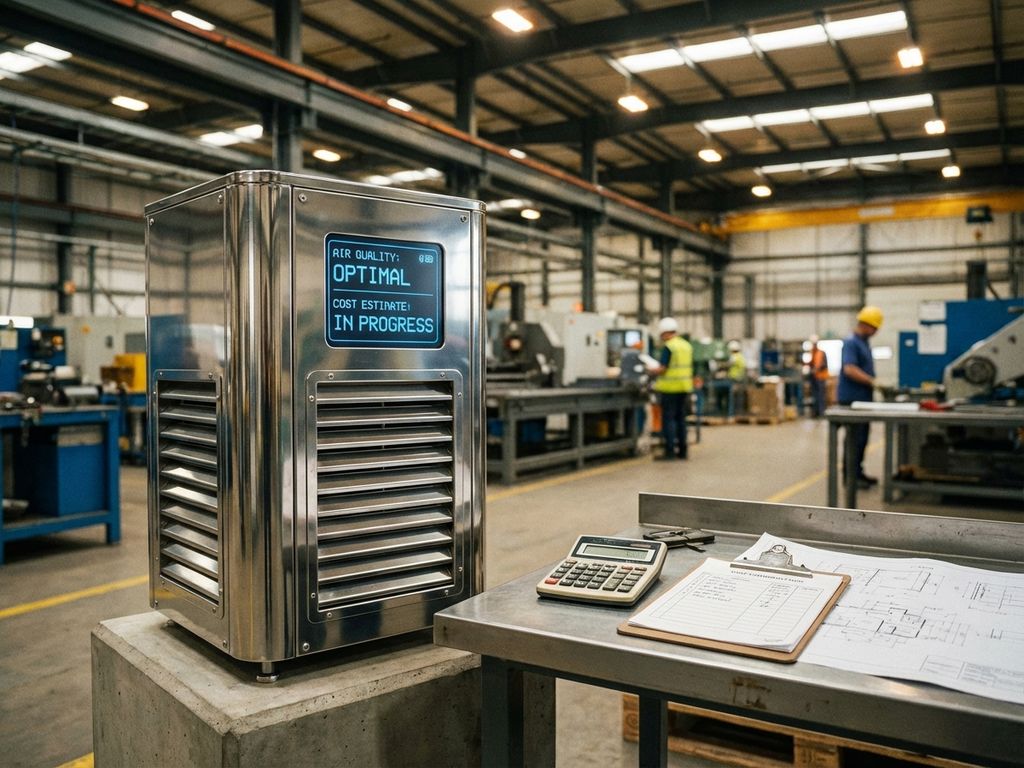 Industrielle Luftreinigungsanlage mit Metallgittern und Display in moderner Fabrikhalle, Kostenberechnungen auf Schreibtisch