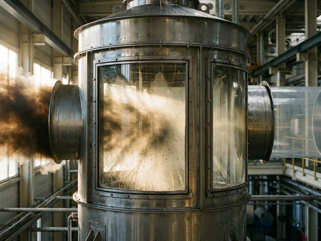 Industrielle Nasswäscher-Anlage aus Edelstahl reinigt verschmutzte Luft mit Wassernebel-Sprühdüsen in Industrieanlage