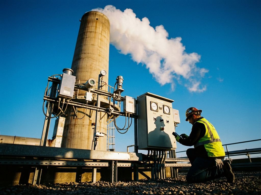 Industrieschornstein mit Überwachungsgeräten und Techniker in Schutzausrüstung bei der Emissionsmessung im Sonnenlicht