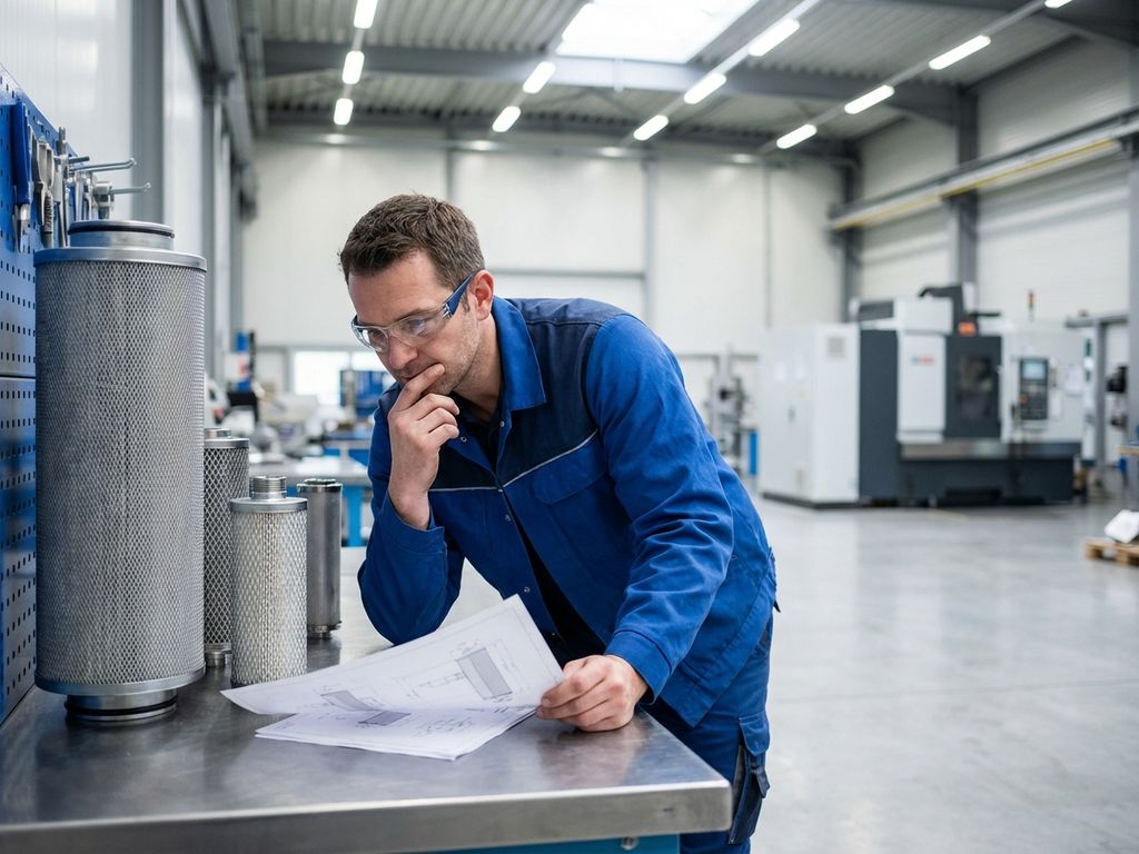 Ingenieur prüft Filtersysteme verschiedener Größen auf Edelstahl-Arbeitstisch in moderner Industrieanlage