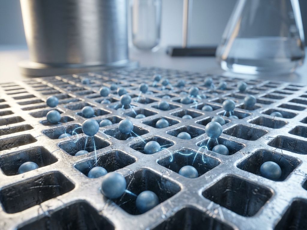 Gasmoleküle auf metallischer Katalysatoroberfläche mit sichtbaren chemischen Bindungen in Laborumgebung