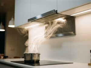 Moderne Dunstabzugshaube über Induktionskochfeld mit sichtbaren Dampfströmen und Luftzirkulation in weißer Küche