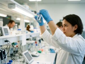 Labortechniker im weißen Kittel untersucht Glasfläschchen mit klarer Flüssigkeit vor modernen Laborgeräten