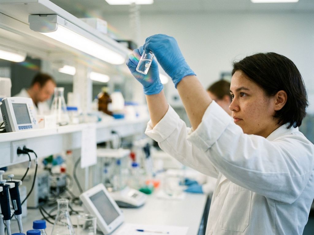 Labortechniker im weißen Kittel untersucht Glasfläschchen mit klarer Flüssigkeit vor modernen Laborgeräten