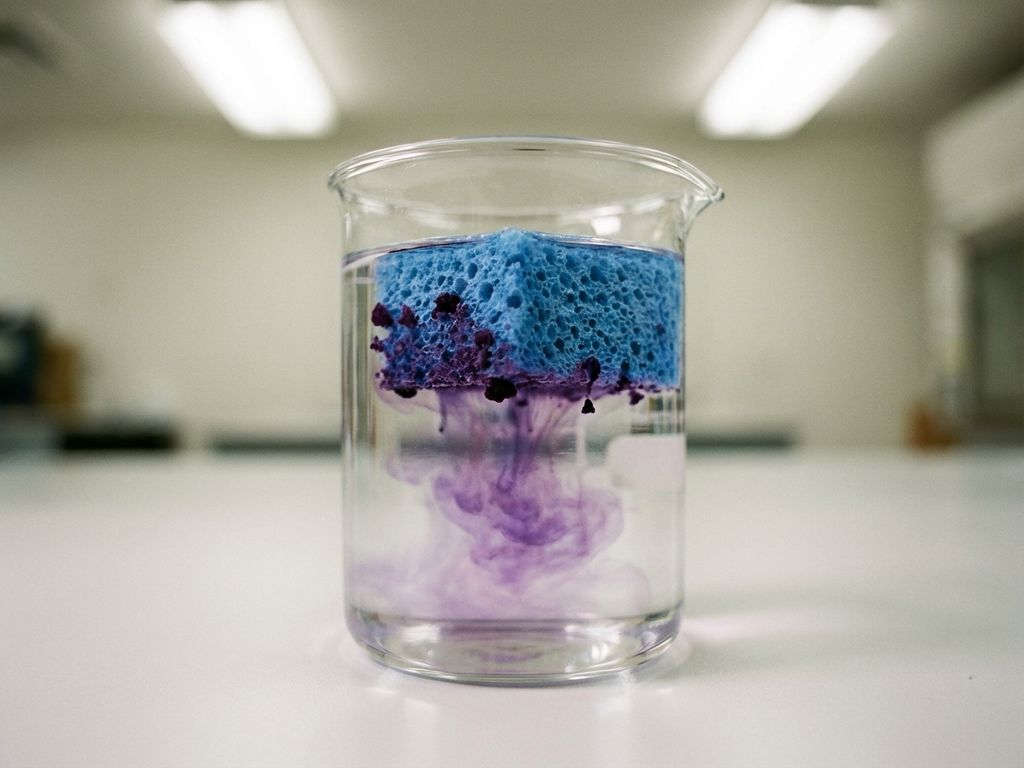 Blaue Schwamm schwimmt in Laborbecherglas mit lila Farbstoff im Wasser, zeigt Diffusion auf weißer Laborbank