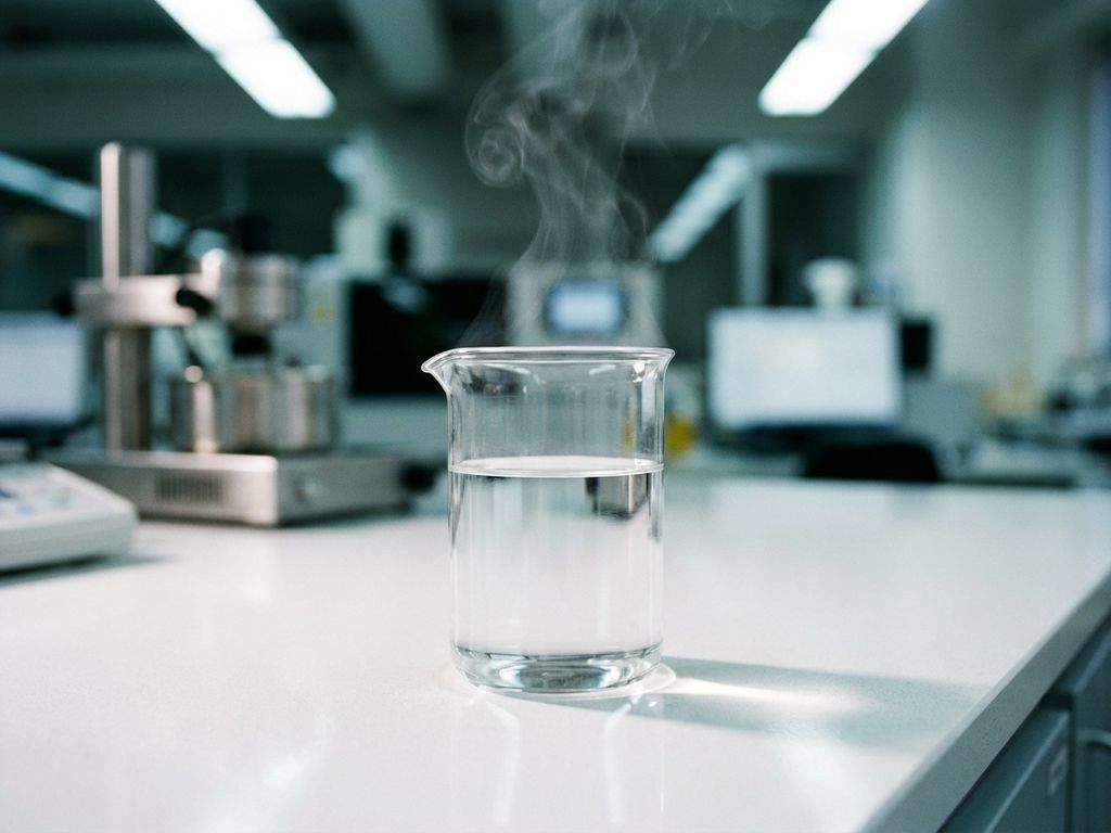 Glaslaborbecherglas mit klarer Flüssigkeit und Dampf auf weißer Arbeitsfläche in steriler Laborumgebung