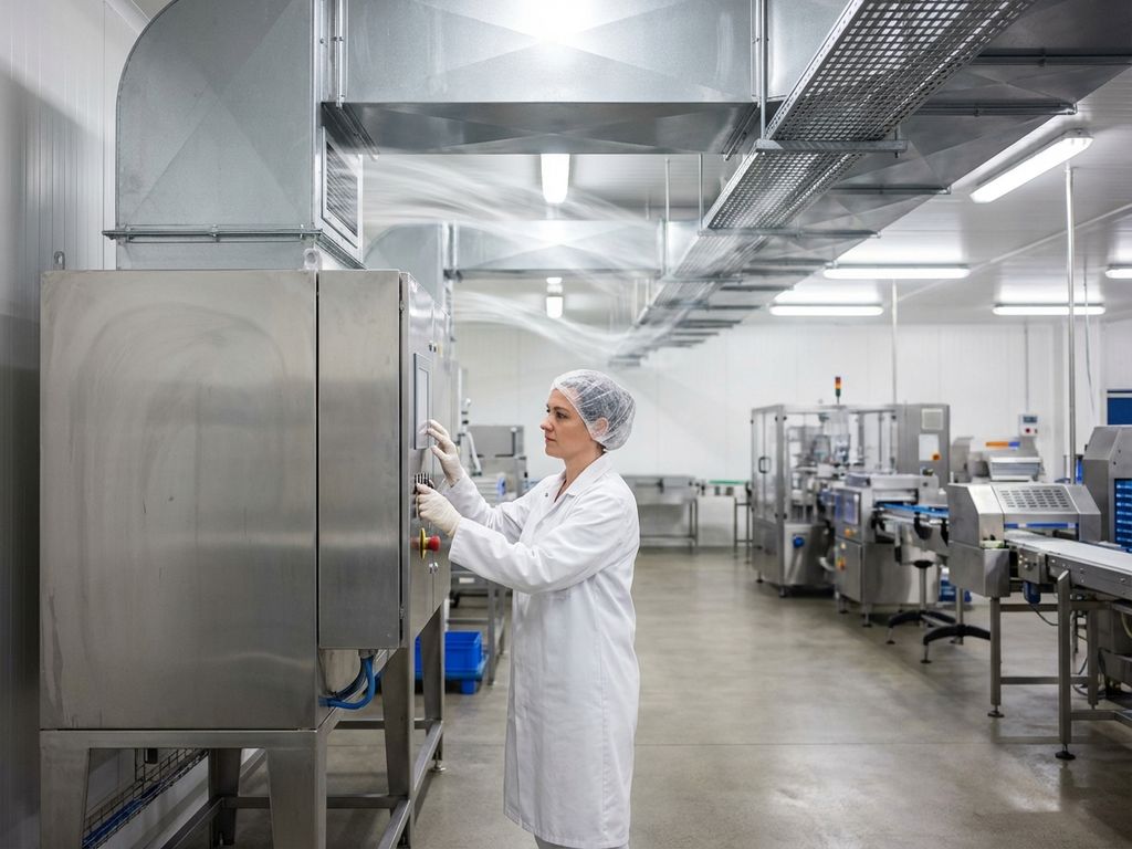 Arbeiter in weißer Uniform bedient industrielle Luftfilteranlage in steriler Lebensmittelproduktionsstätte