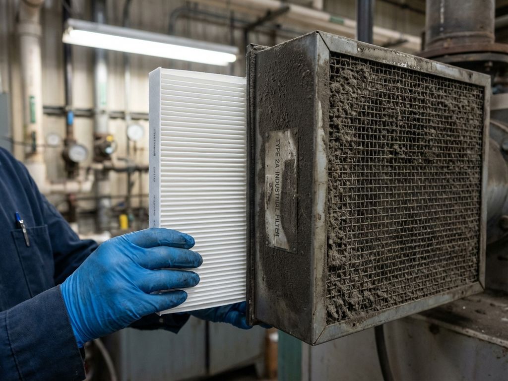 Techniker hält sauberen Ersatzfilter neben verstaubtem Industrieluftfilter in Wartungsanlage