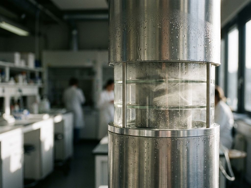 Hochmoderne Luftfilteranlage mit Wassertröpfchen auf Metalloberfläche in steriler Laborumgebung