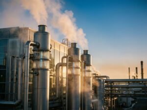 Moderne Industrieanlage mit Luftfiltertürmen reinigt weiße Dampfwolken vor blauem Himmel bei goldenem Sonnenlicht