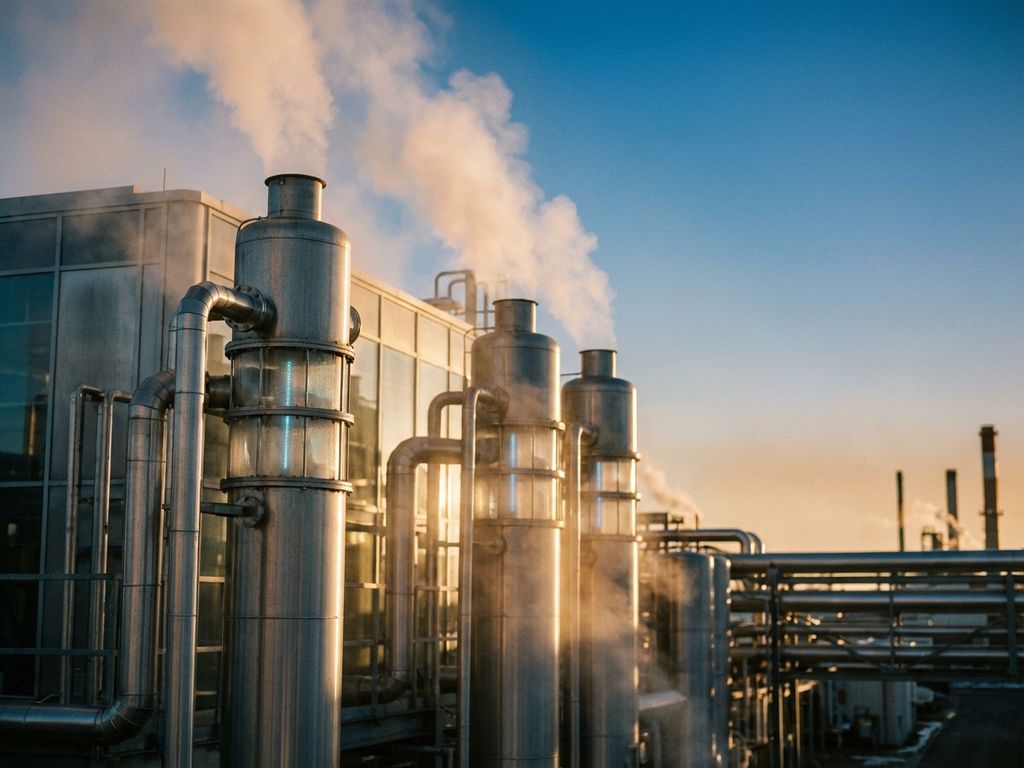 Moderne Industrieanlage mit Luftfiltertürmen reinigt weiße Dampfwolken vor blauem Himmel bei goldenem Sonnenlicht