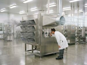 Industrielle Luftfilteranlage mit Techniker in weißem Kittel, die verschmutzte Luft reinigt und saubere Luft ausstößt