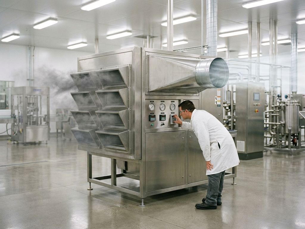 Industrielle Luftfilteranlage mit Techniker in weißem Kittel, die verschmutzte Luft reinigt und saubere Luft ausstößt