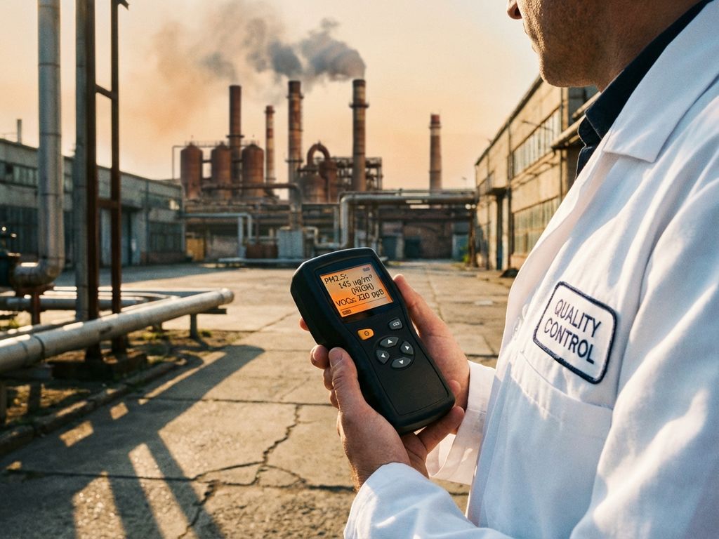 Umweltinspektor mit digitalem Luftqualitätsmessgerät vor Industrieanlage mit rauchenden Schornsteinen im Hintergrund