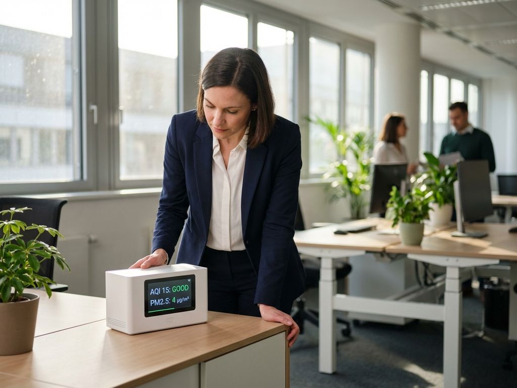 Büroarbeiter in Geschäftskleidung prüft weißes Luftqualitätsmessgerät mit Display am modernen Schreibtisch