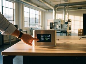 Luftqualitätsmessgerät mit digitalem Display auf Bürotisch, Geschäftsmann überprüft Messwerte in modernem Arbeitsplatz