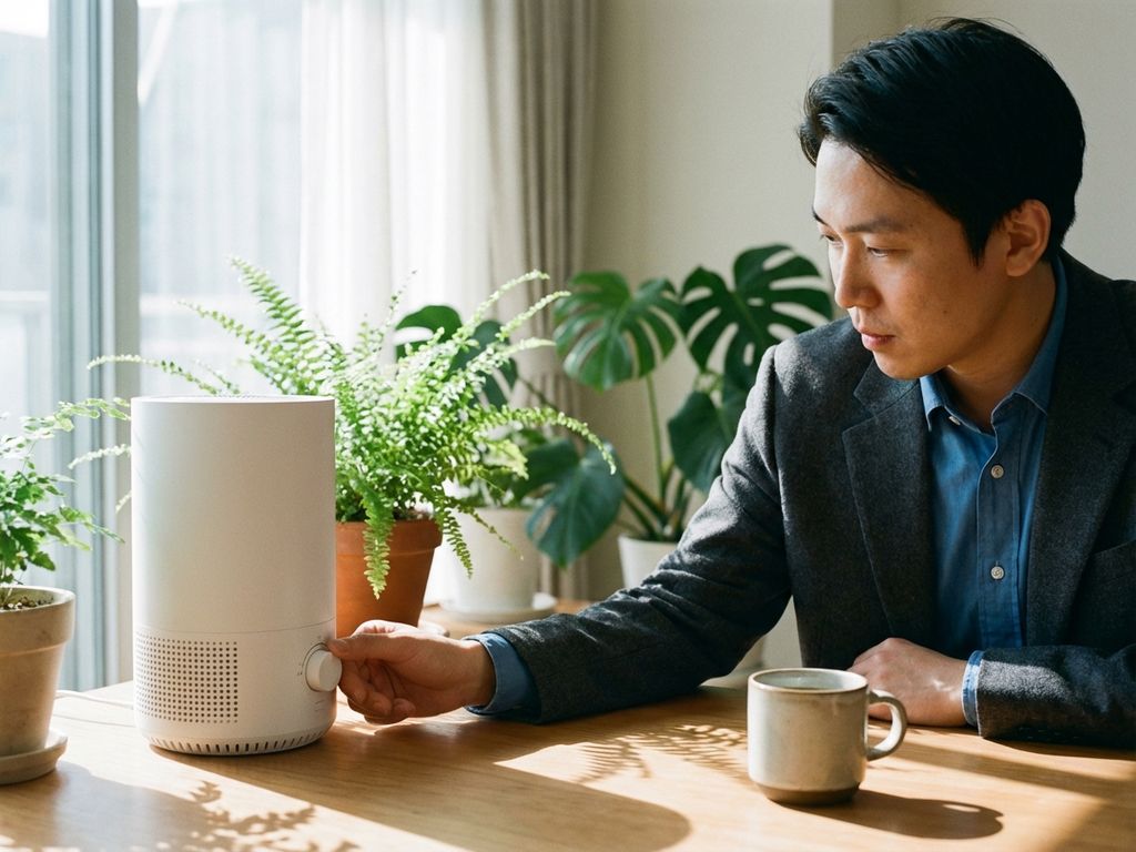 Büroangestellter stellt weißen Luftreiniger auf Schreibtisch ein, grüne Pflanzen im Hintergrund, natürliches Licht