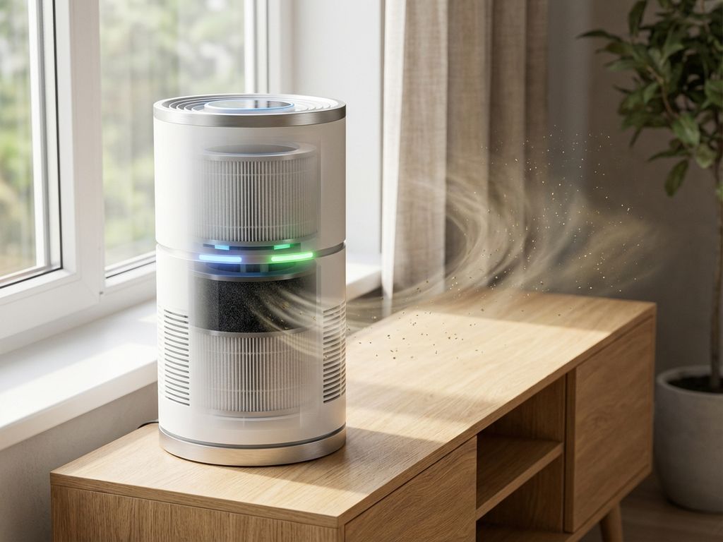 Moderne weiße Luftreiniger mit sichtbaren Filtern auf Holztisch, Staubpartikel werden eingezogen, natürliches Licht