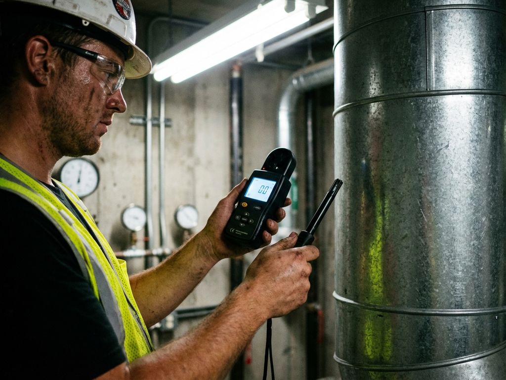 Techniker in Schutzausrüstung misst Luftstrom an Industrielüftung mit digitalem Messgerät in Fabrikhalle