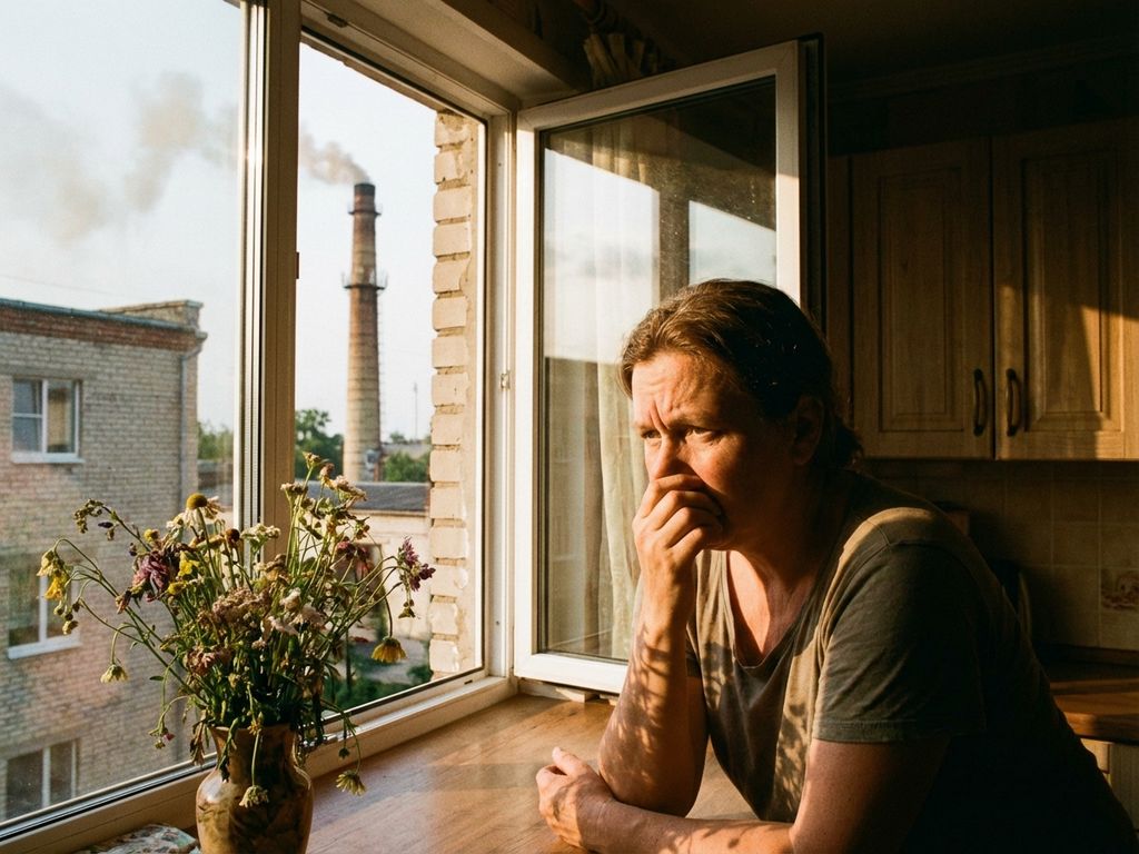 Besorgter Hausbesitzer am Küchenfenster hält sich die Nase zu, Industrieschornstein mit Rauch im Hintergrund sichtbar