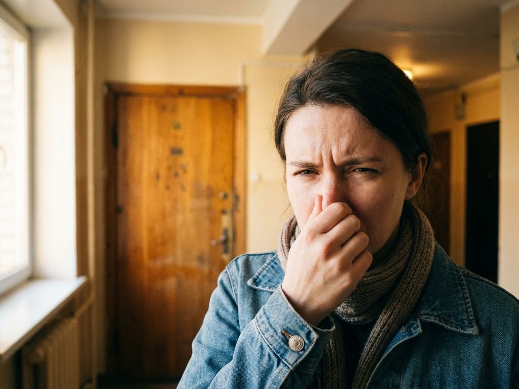 Person hält sich die Nase zu und zeigt Unbehagen im Wohnungsflur bei natürlichem Licht