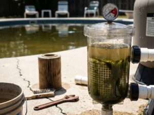 Defektes Poolfiltersystem mit trübem Wasser, verstopftem Filter, roter Druckanzeige und Wartungswerkzeugen am Poolrand