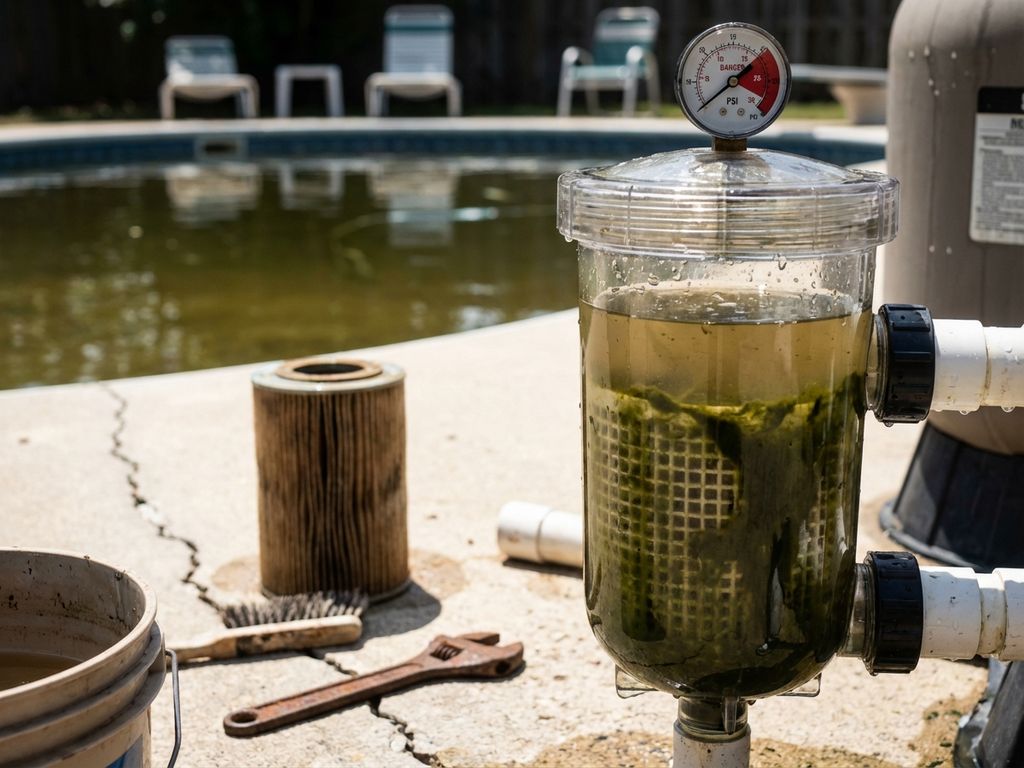 Defektes Poolfiltersystem mit trübem Wasser, verstopftem Filter, roter Druckanzeige und Wartungswerkzeugen am Poolrand