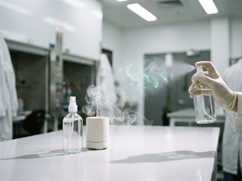 Zwei Glassprühflaschen in weißem Labor, eine sprüht Nebel zur Geruchsneutralisierung, daneben Lufterfrischer