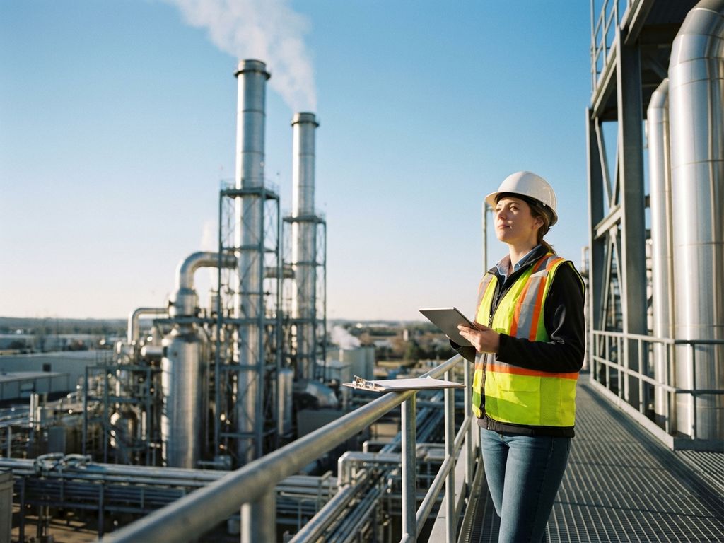 Umweltingenieur mit Tablet auf Metallsteg vor modernem Industriewerk mit Schornsteinen und Rohrleitungen