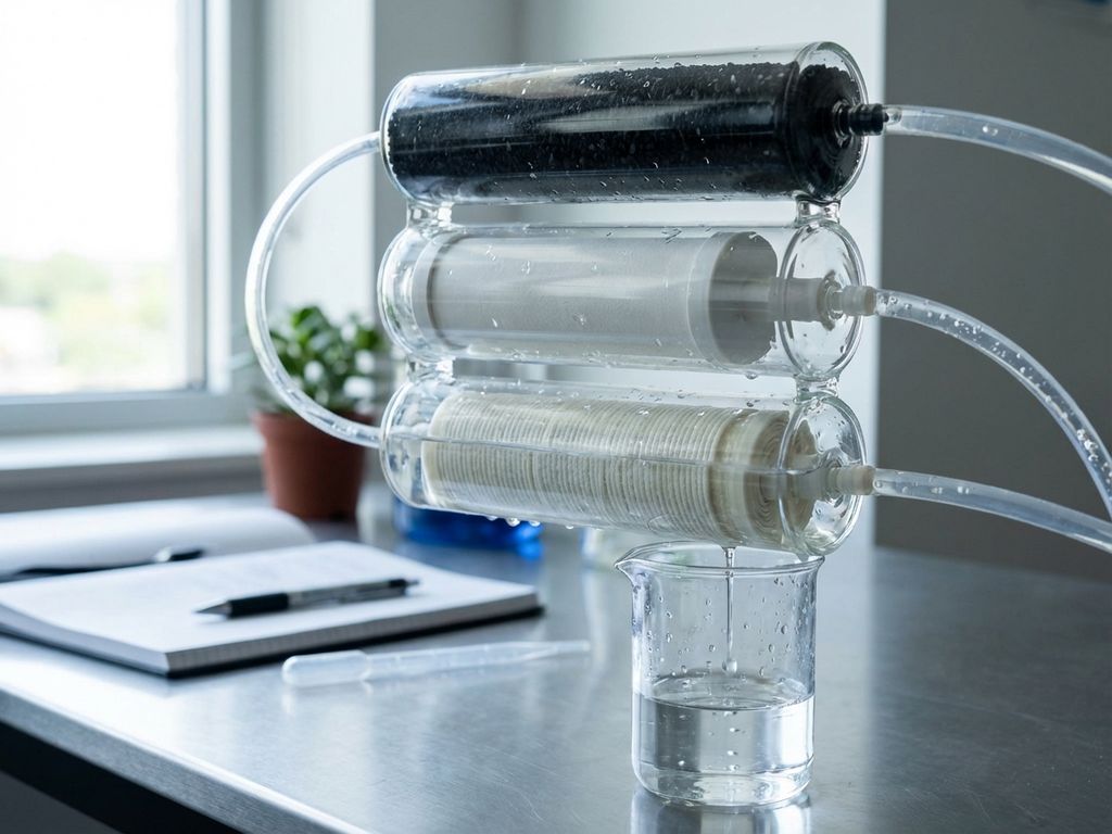 Mehrstufiges Wasserfiltersystem mit transparenten Kammern, Aktivkohle und Keramikelementen auf Labortisch
