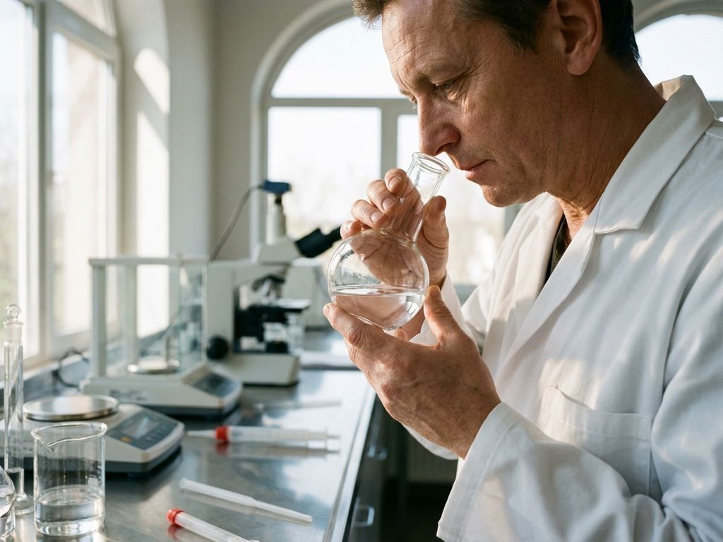 Wissenschaftler im weißen Laborkittel hält Glaskolben mit klarer Flüssigkeitsprobe in modernem Forschungslabor