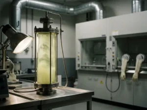 Transparenter Glaszylinder mit gelbgrünem Chlorgas in steriler Laborumgebung mit Edelstahl-Lüftungsanlagen