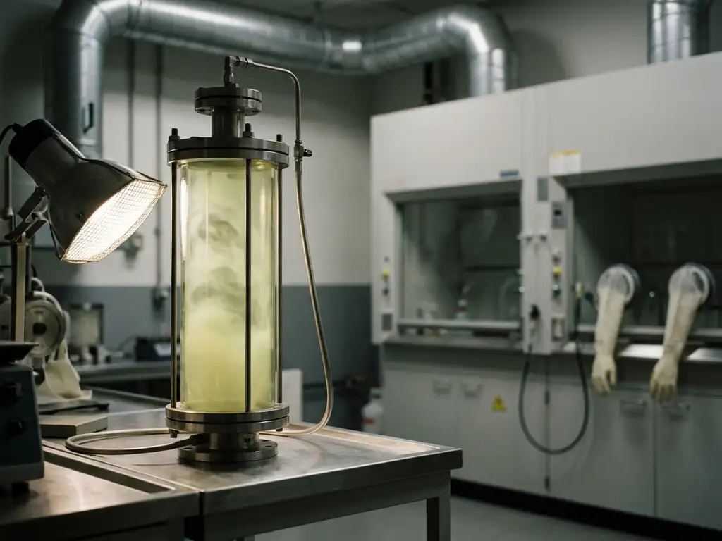 Transparenter Glaszylinder mit gelbgrünem Chlorgas in steriler Laborumgebung mit Edelstahl-Lüftungsanlagen