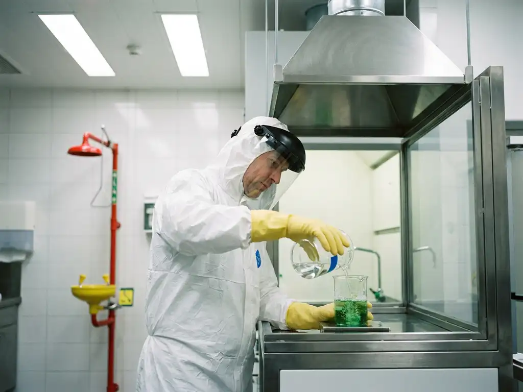 Labortechniker in Schutzausrüstung gießt Neutralisationslösung aus Glasbecher auf Chlorgasprobe unter Abzugshaube