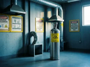 Edelstahl-Chlorgaszylinder mit gelbem Warnschild in industriellem Lagerraum mit Belüftungsanlage und Sicherheitsbeschilderung