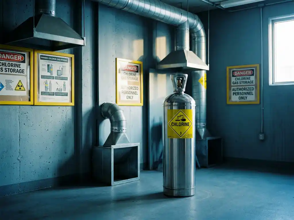 Edelstahl-Chlorgaszylinder mit gelbem Warnschild in industriellem Lagerraum mit Belüftungsanlage und Sicherheitsbeschilderung