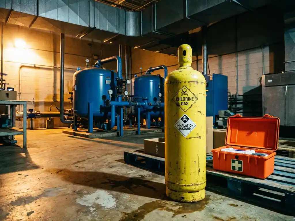 Gelber Chlorgaszylinder mit Sicherheitswarnungen in einer Wasseraufbereitungsanlage, Rohrleitungen und Notfallausrüstung im Hintergrund