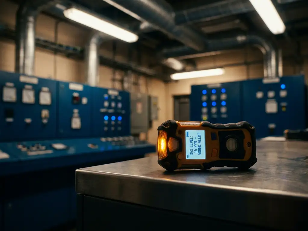 Präzisions-Gasdetektionsgerät mit Digitalanzeige auf Metallarbeitsplatz in modernem Industriekontrollraum