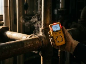 Gelber Handheld-Gasdetektor mit Warnmeldungen an Industrierohren, Dampf steigt aus Rohrverbindungen auf