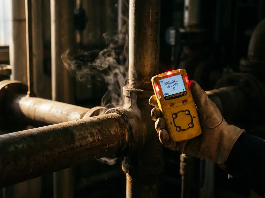 Gelber Handheld-Gasdetektor mit Warnmeldungen an Industrierohren, Dampf steigt aus Rohrverbindungen auf
