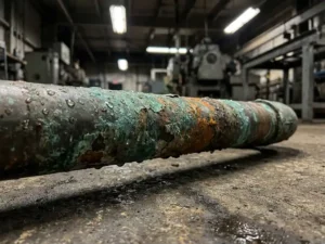 Korrodiertes Metallrohr mit grüner Kupferoxidation und Rostflecken auf Betonboden in Industriehalle