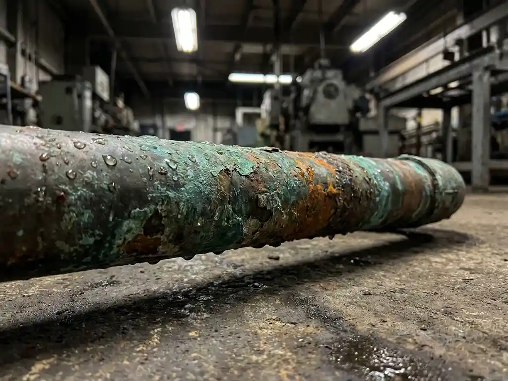 Korrodiertes Metallrohr mit grüner Kupferoxidation und Rostflecken auf Betonboden in Industriehalle